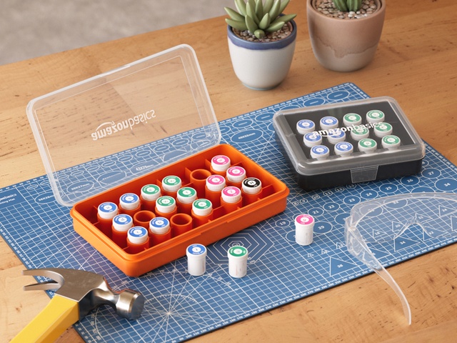 The Amazon Basics 530-Piece Fundamental Particle Set and the Amazon Basics 240-Piece Fundamental Anti-Particle Set positioned naturally on a wooden table, surrounded by a hammer, a pair of safety glasses, and a couple of potted cacti