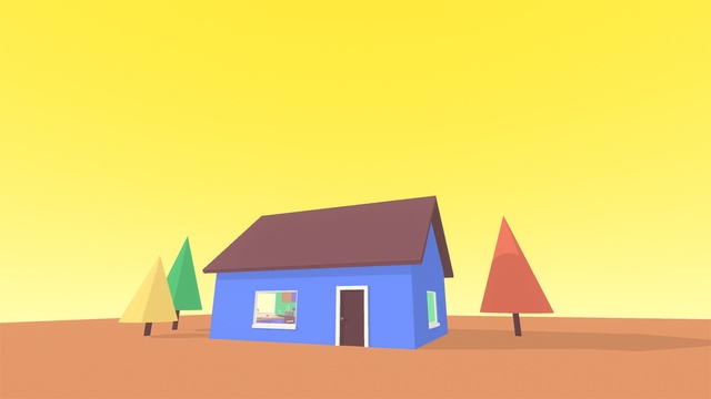 A blue house against a yellow sky